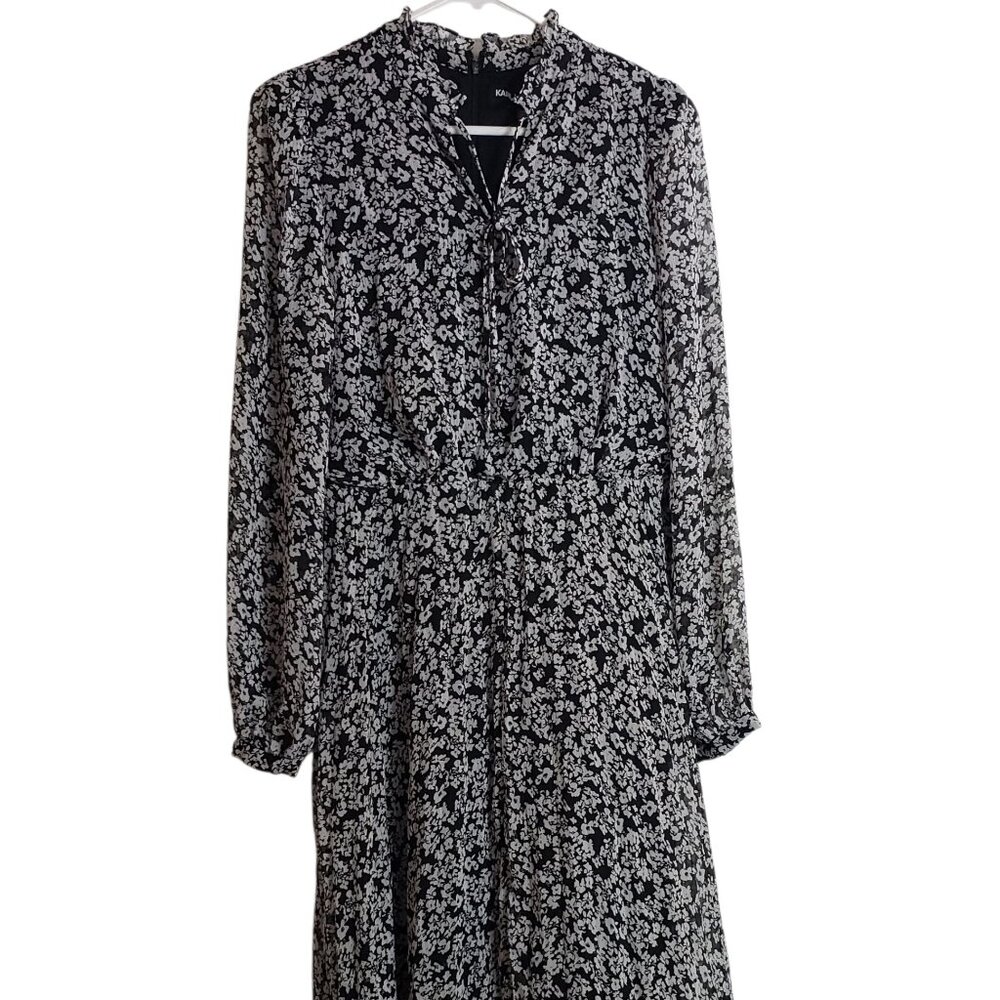 Karl Lagerfeld Paris High Low Dress Small Black White Floral Long Sleeves Ruffle